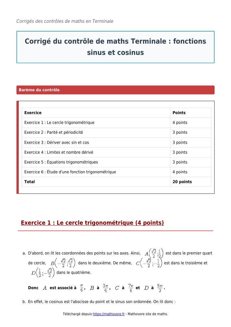 Contrôle de maths en terminale : Fonctions sinus et cosinus corrigé en PDF