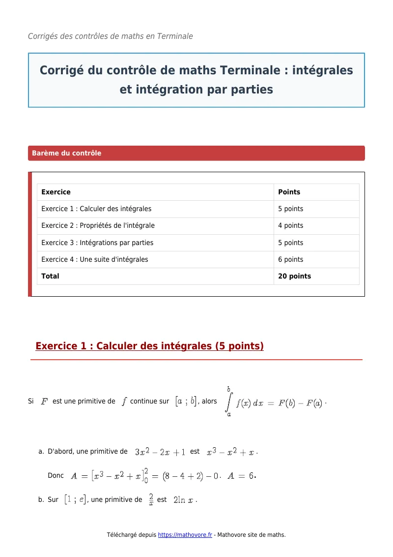 Contrôle de maths en terminale : Intégrales et intégration par parties corrigé en PDF