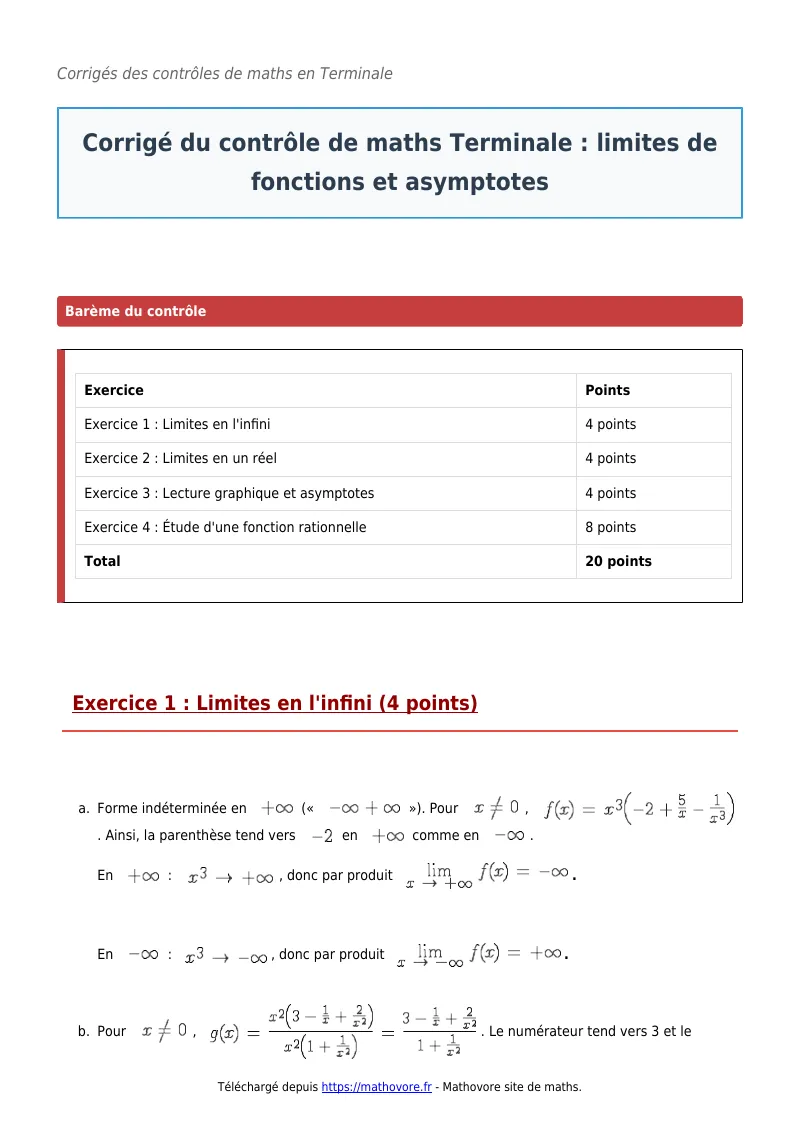 Contrôle de maths en terminale : Limites de fonctions et asymptotes corrigé en PDF