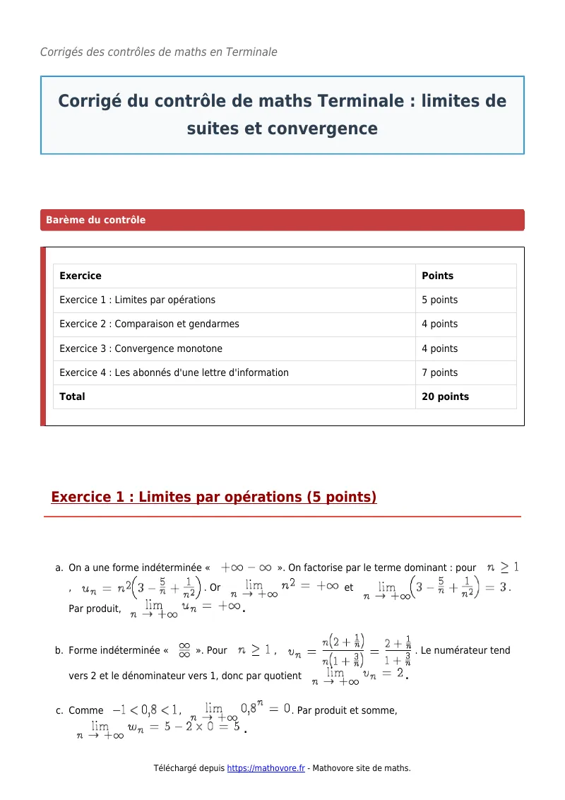 Contrôle de maths en terminale : Limites de suites et convergence corrigé en PDF
