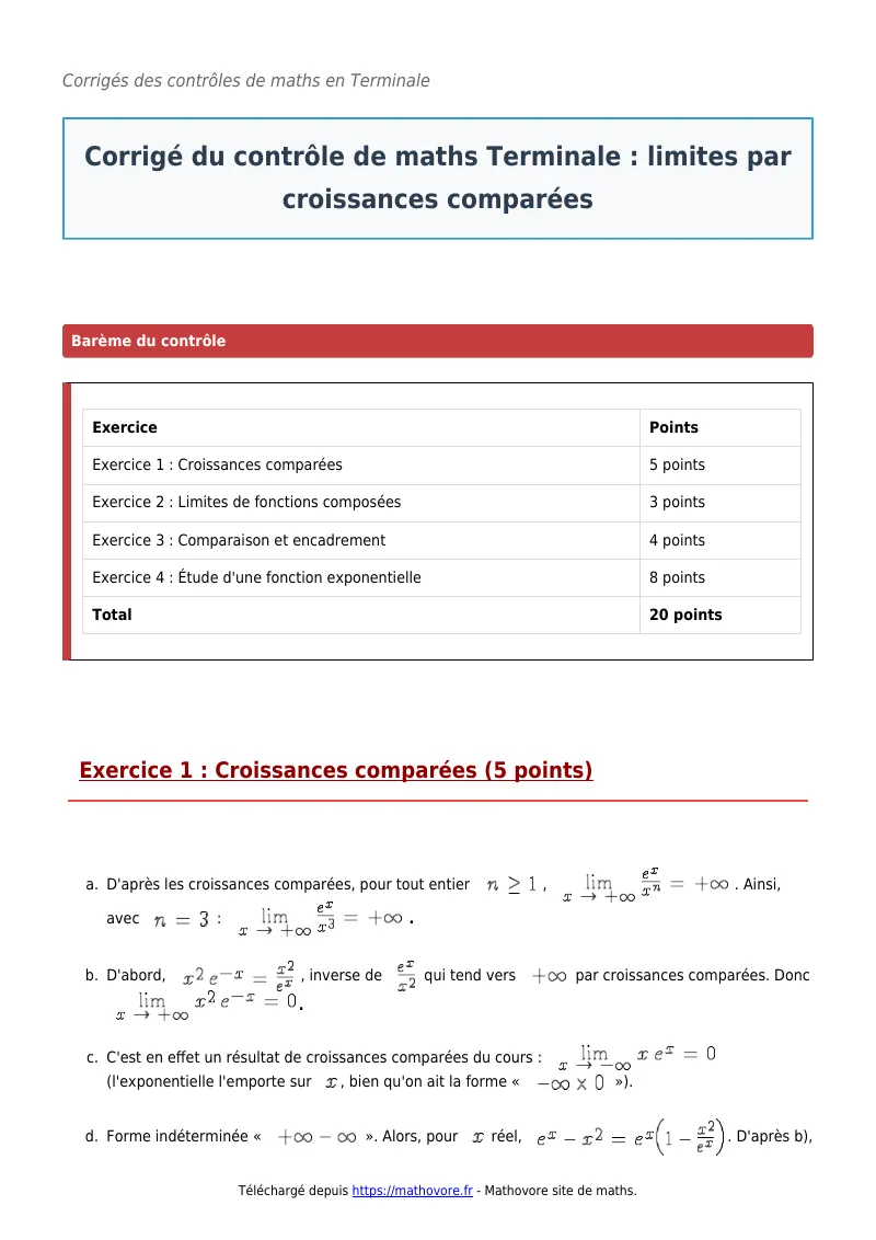 Contrôle de maths en terminale : Limites par croissances comparées corrigé en PDF