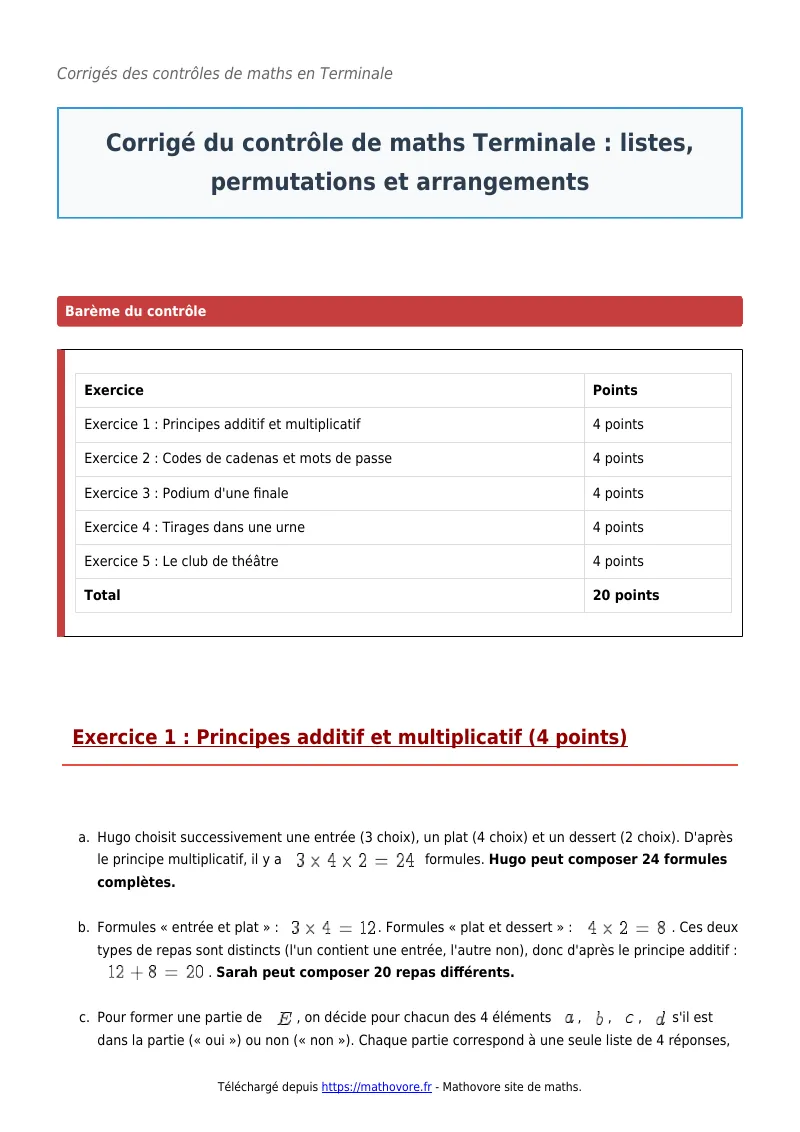 Contrôle de maths en terminale : Listes, permutations et arrangements corrigé en PDF