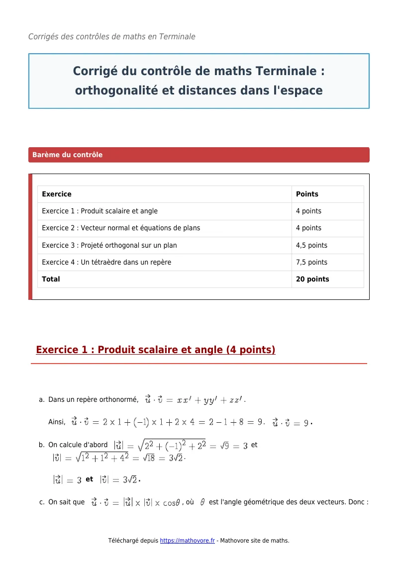Contrôle de maths en terminale : Orthogonalité et distances dans l’espace corrigé en PDF