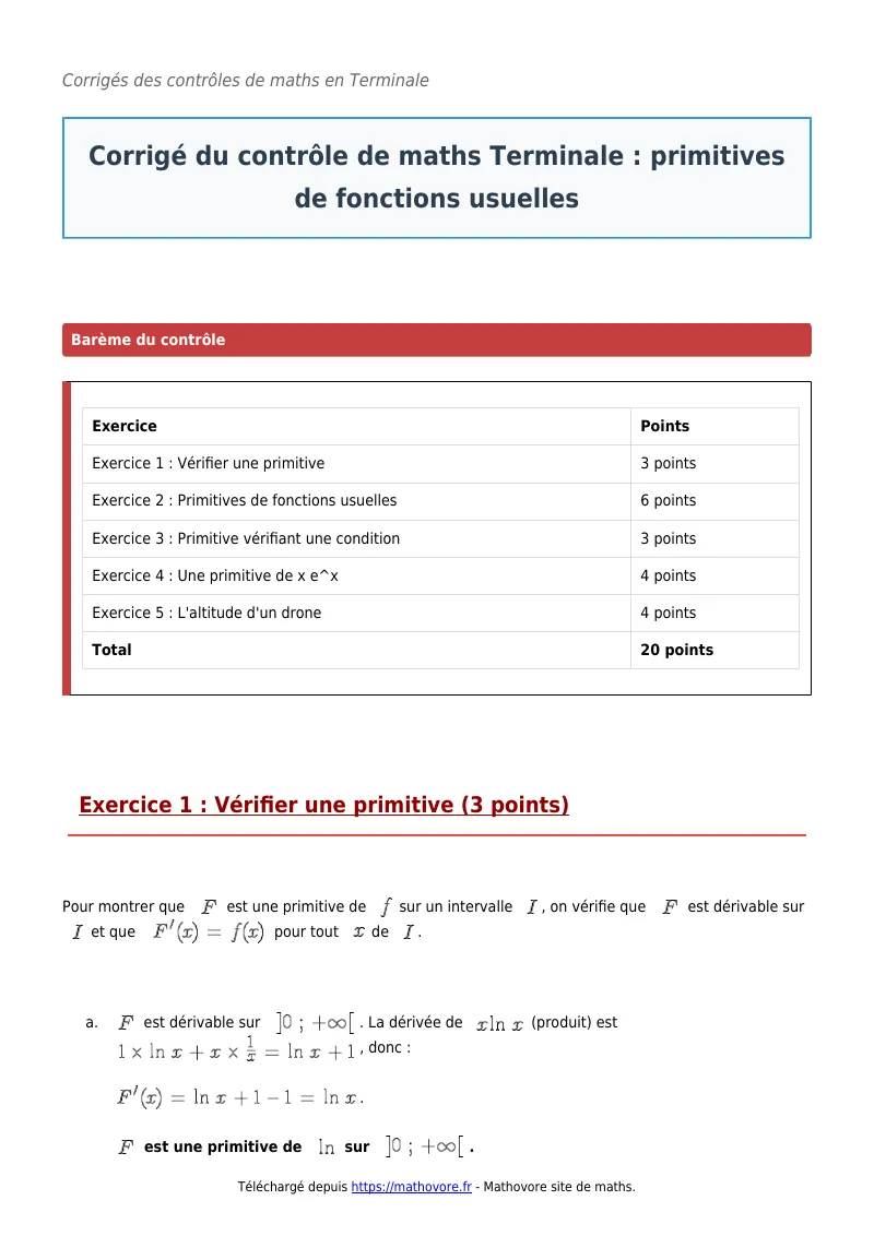 Contrôle de maths en terminale : Primitives de fonctions usuelles corrigé en PDF