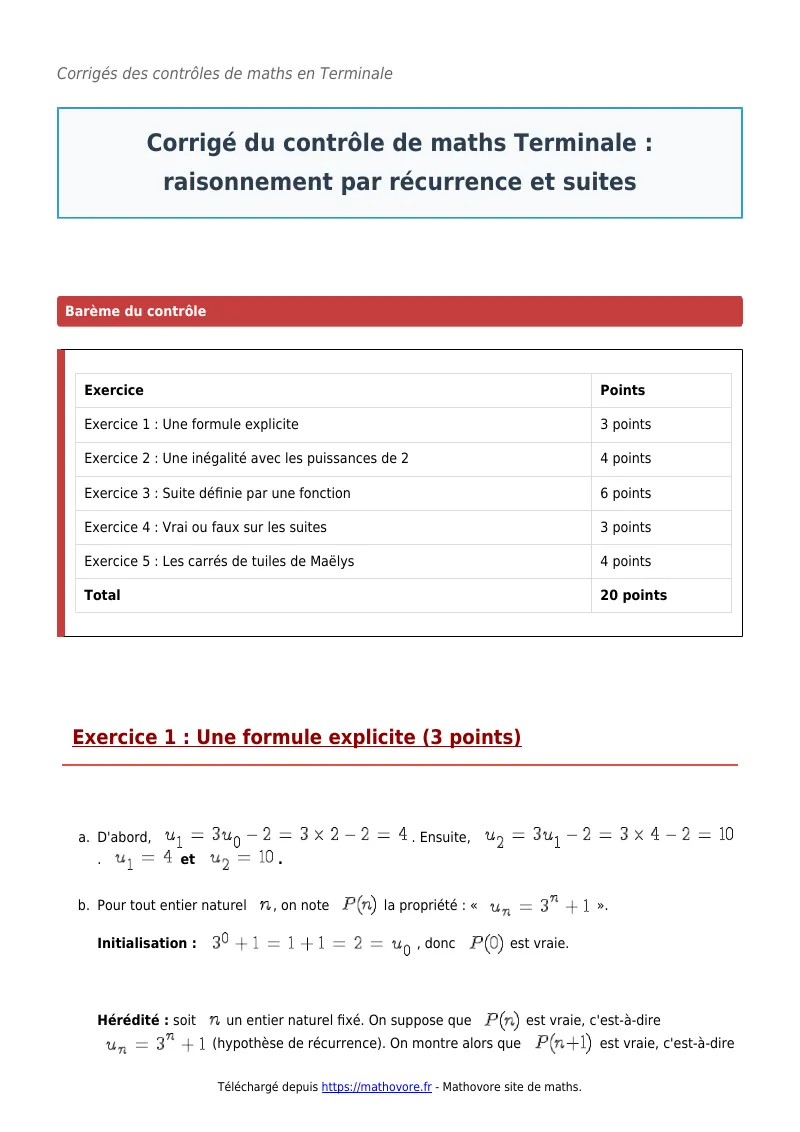 Contrôle de maths en terminale : Raisonnement par récurrence et suites corrigé en PDF