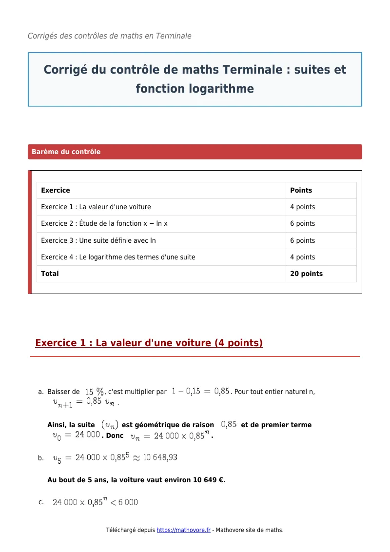 Contrôle de maths en terminale : Suites et fonction logarithme corrigé en PDF