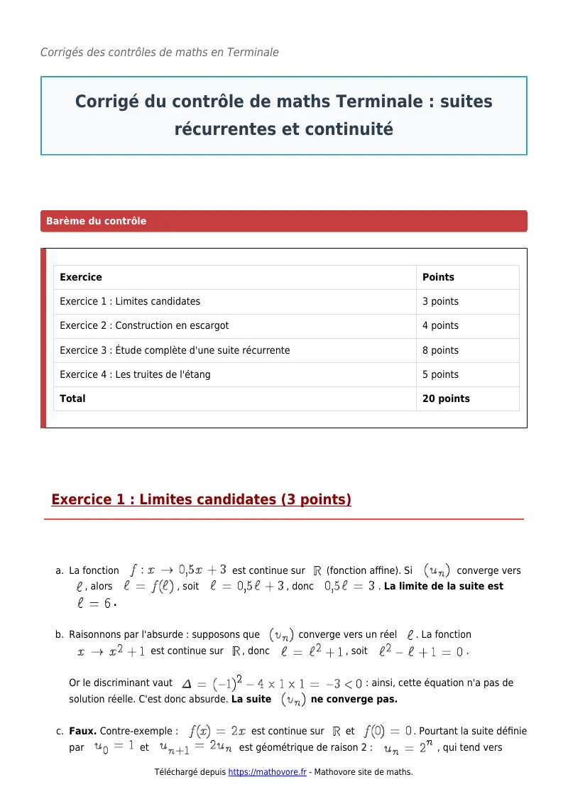 Contrôle de maths en terminale : Suites récurrentes et continuité corrigé en PDF