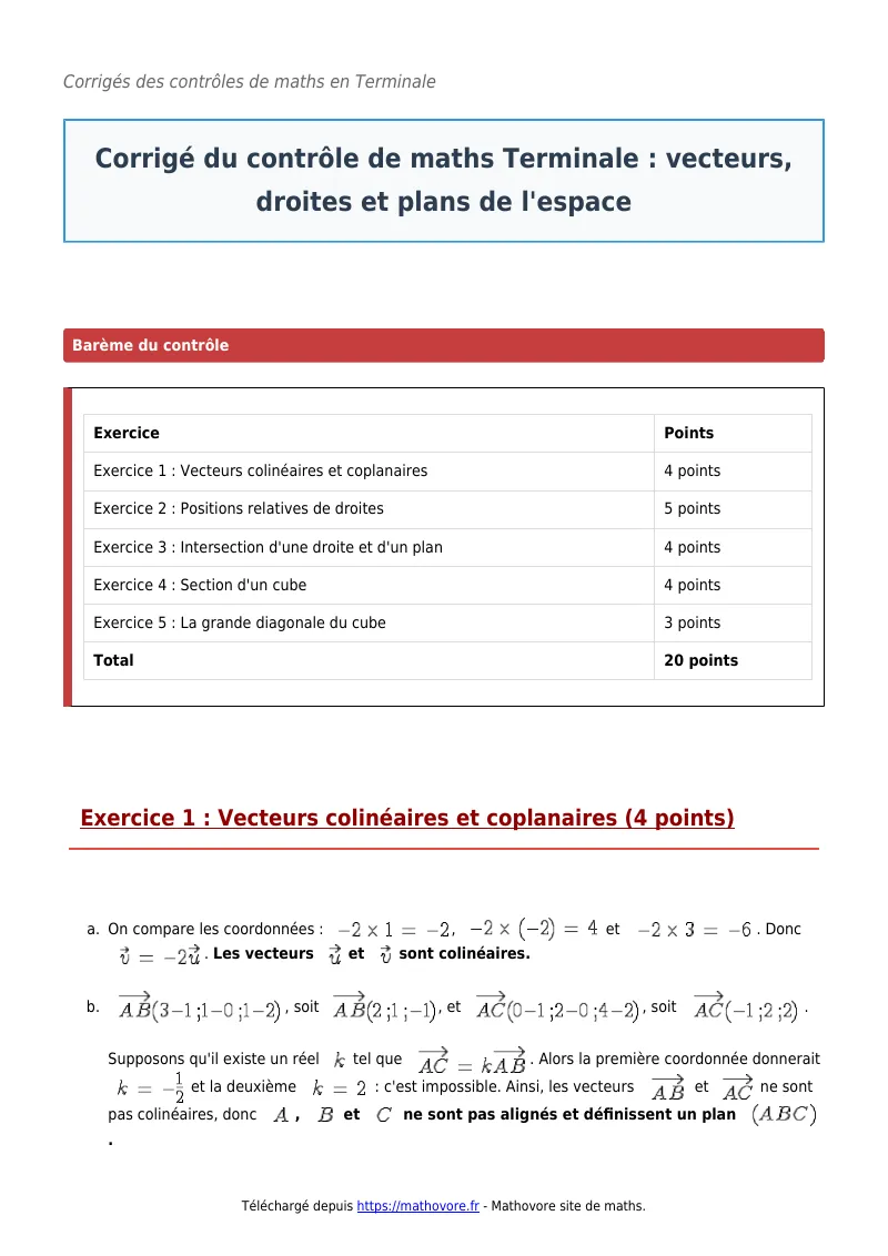 Contrôle de maths en terminale : Vecteurs, droites et plans de l’espace corrigé en PDF