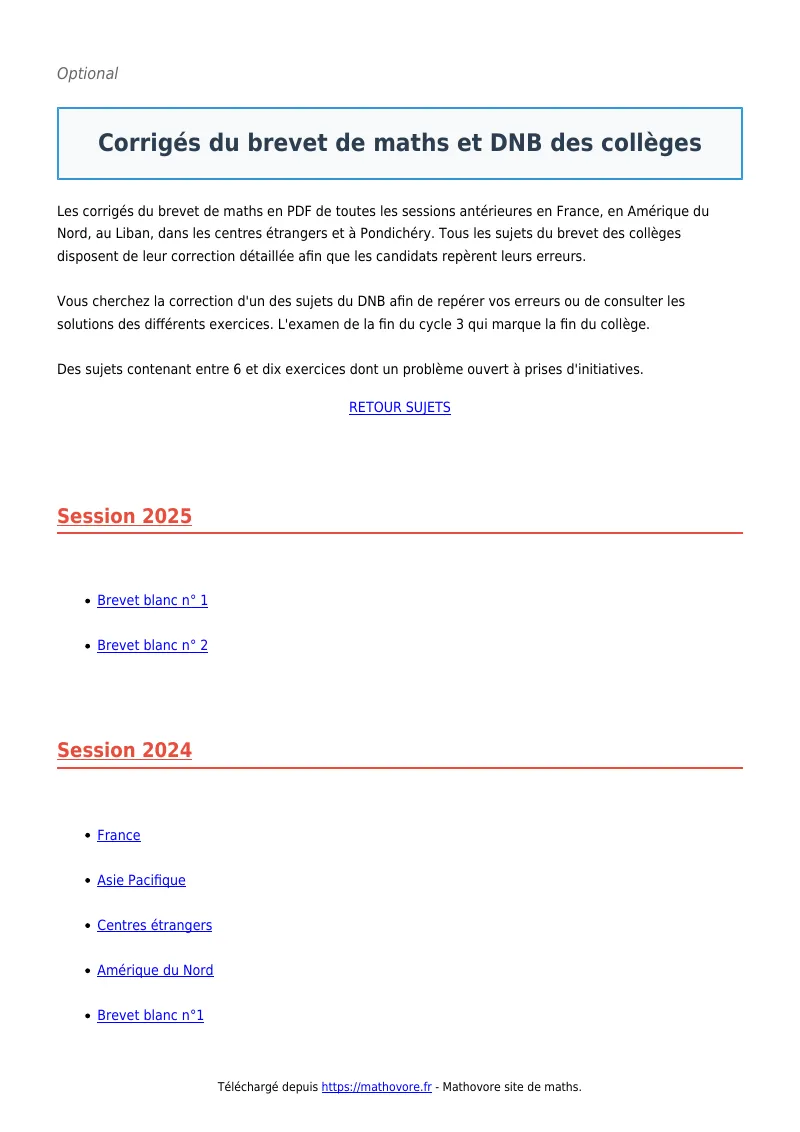 Brevet de maths : ?s du brevet et DNB des collèges corrigé en PDF