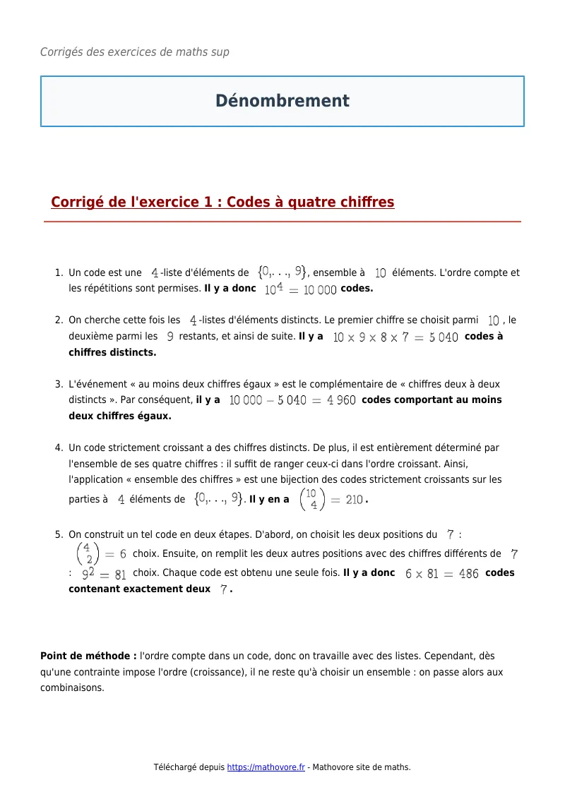Exercices corrigés de maths en maths sup : Dénombrement à imprimer en PDF
