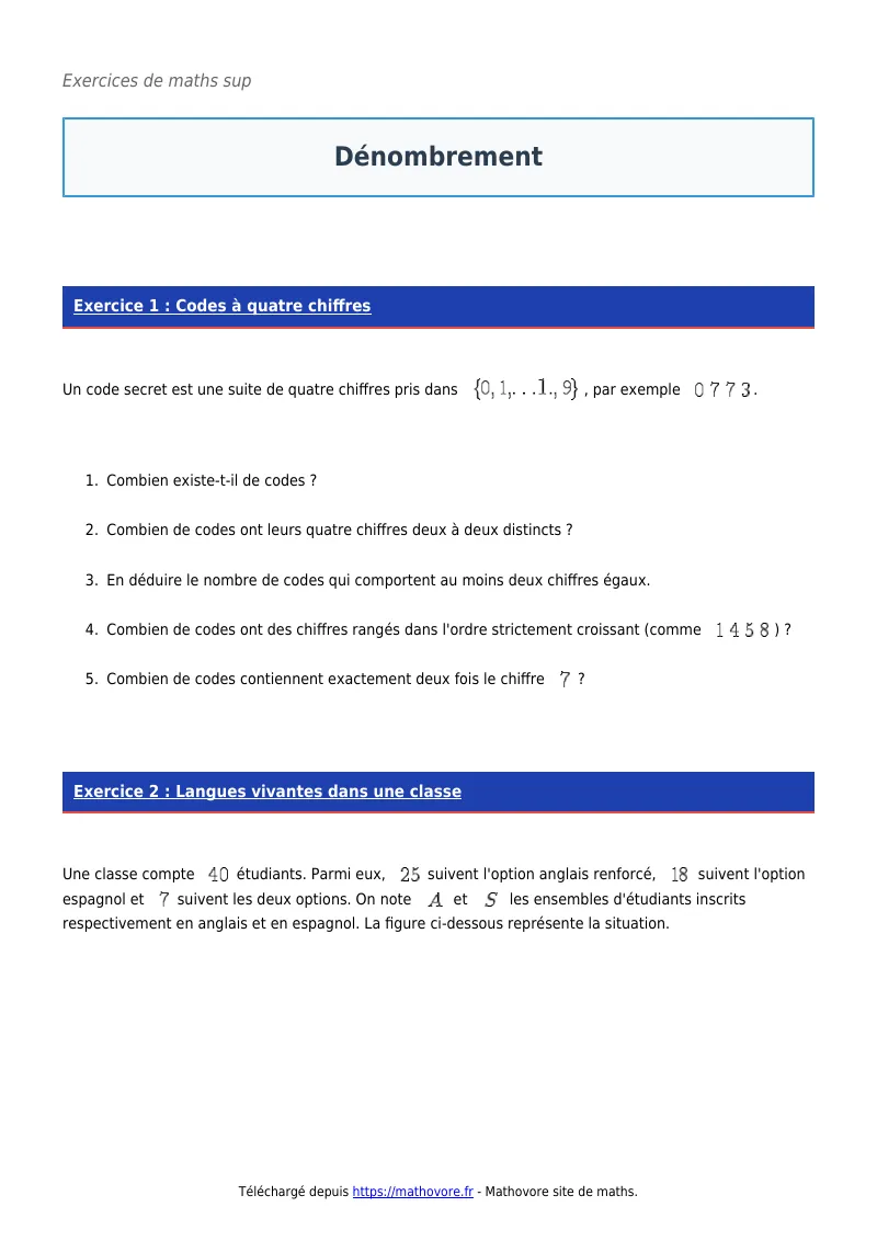 Exercices corrigés de maths en maths sup : Dénombrement à imprimer en PDF