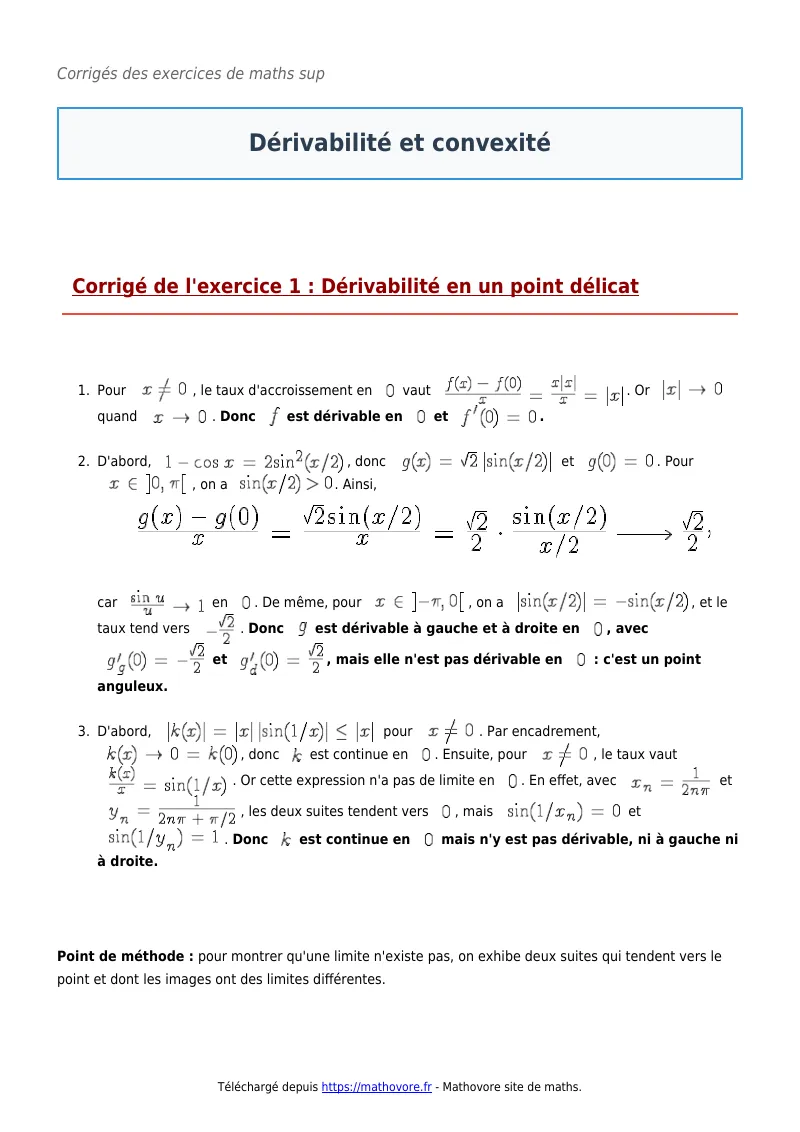 Exercices corrigés de maths en maths sup : Dérivabilité et convexité à imprimer en PDF