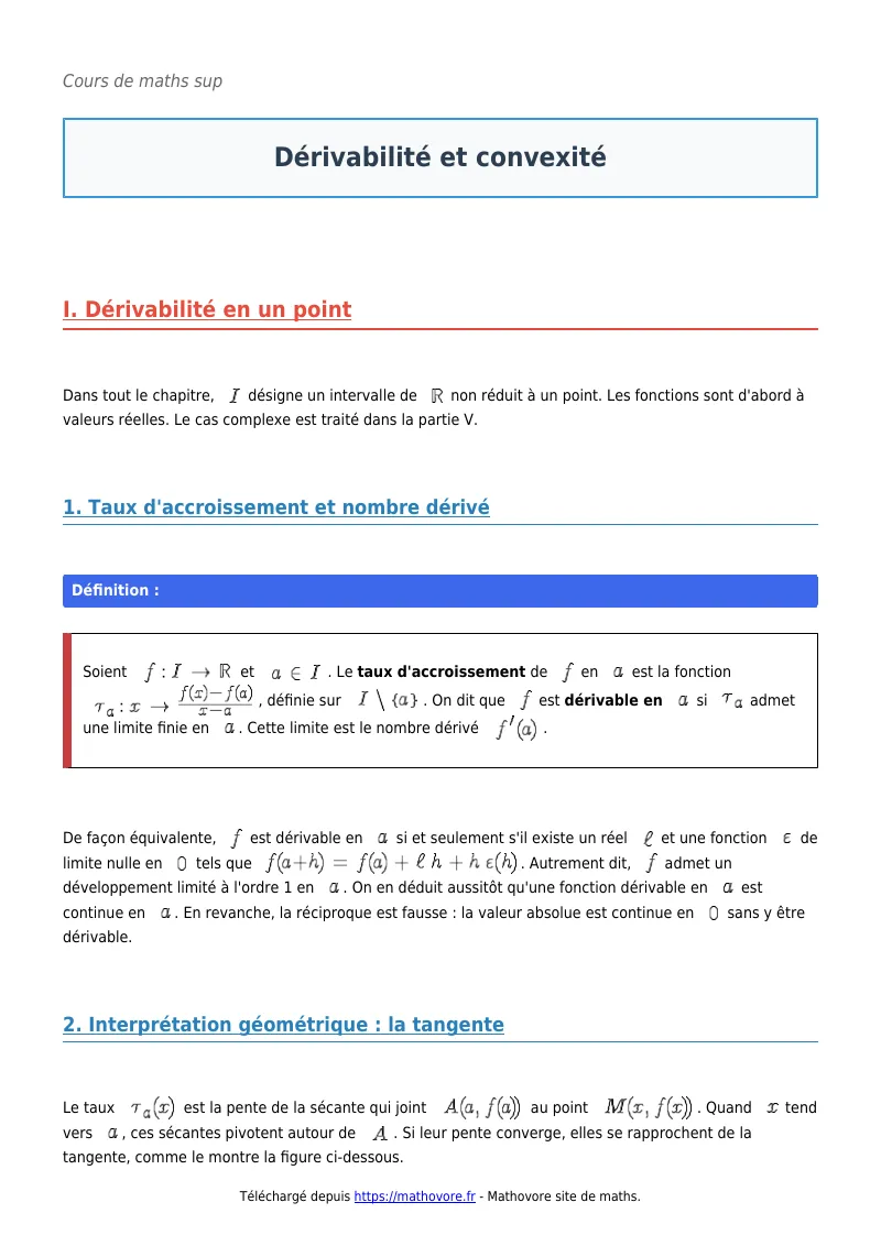 Cours de maths en maths sup : Dérivabilité et convexité à télécharger en PDF