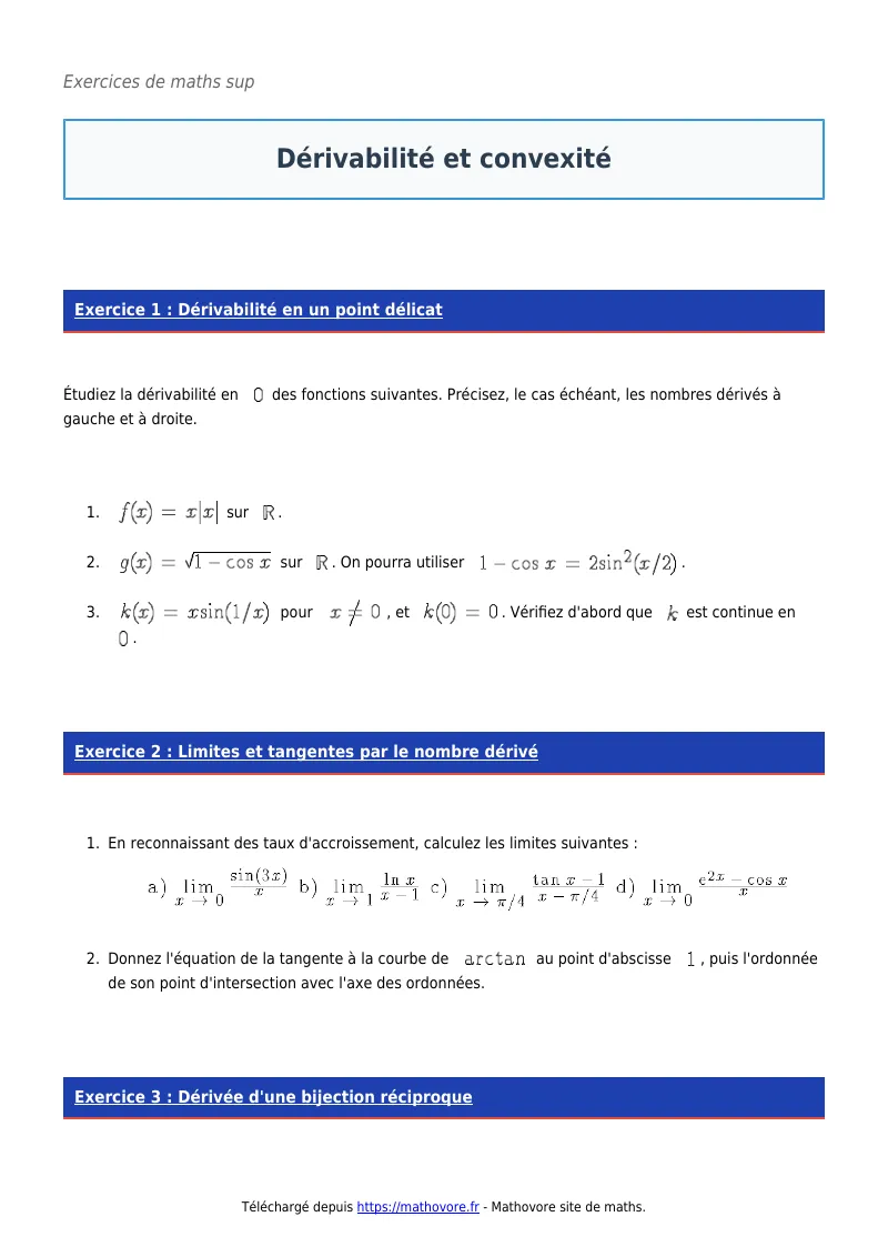 Exercices corrigés de maths en maths sup : Dérivabilité et convexité à imprimer en PDF