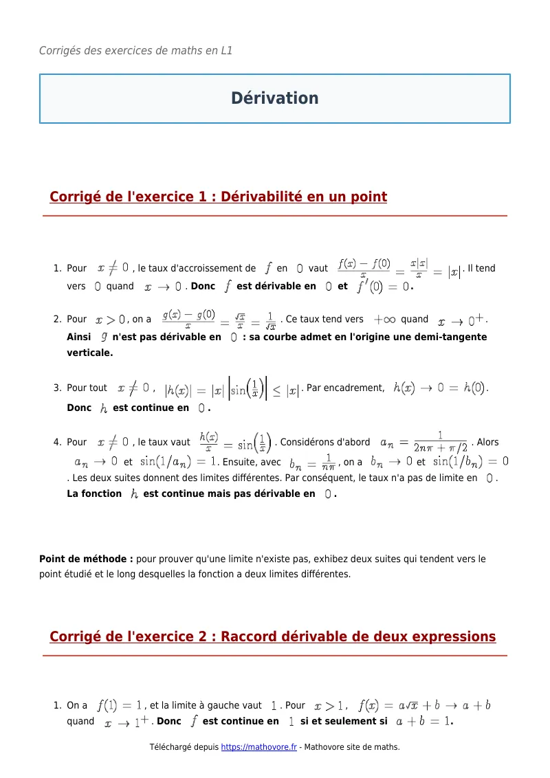 Exercices corrigés de maths en L1 : Dérivation à imprimer en PDF