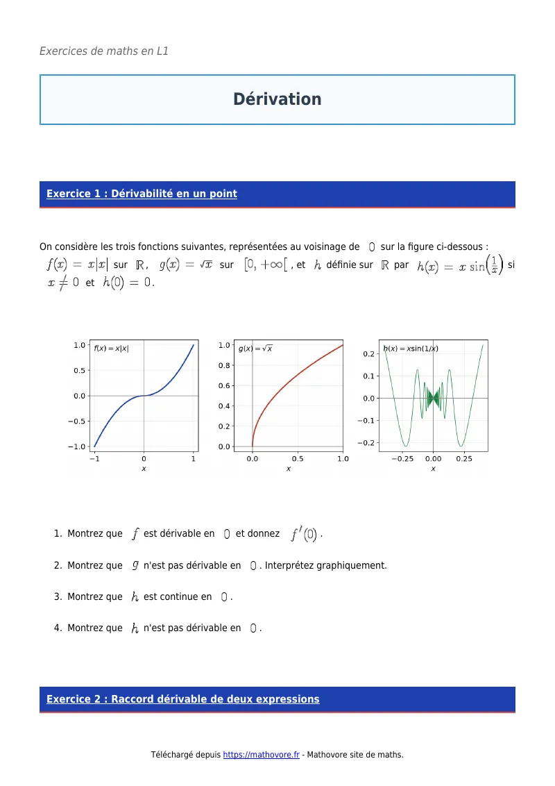 Exercices corrigés de maths en L1 : Dérivation à imprimer en PDF