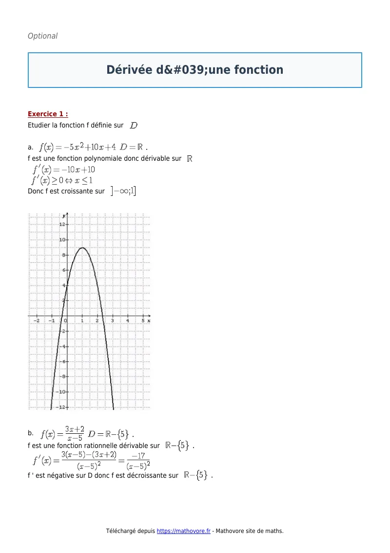Exercices corrigés de maths en terminale : Dérivée d’une fonction à imprimer en PDF