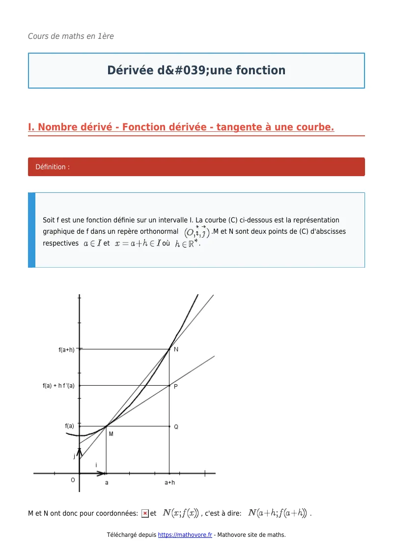 Cours de maths en première : Dérivée d’une fonction à télécharger en PDF