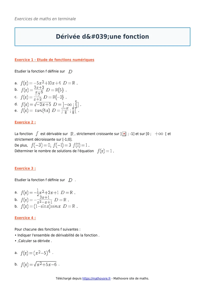 Exercices corrigés de maths en terminale : Dérivée d’une fonction à imprimer en PDF