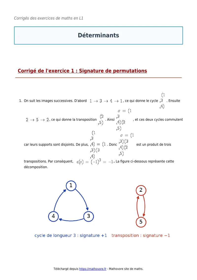 Exercices corrigés de maths en L1 : Déterminants à imprimer en PDF