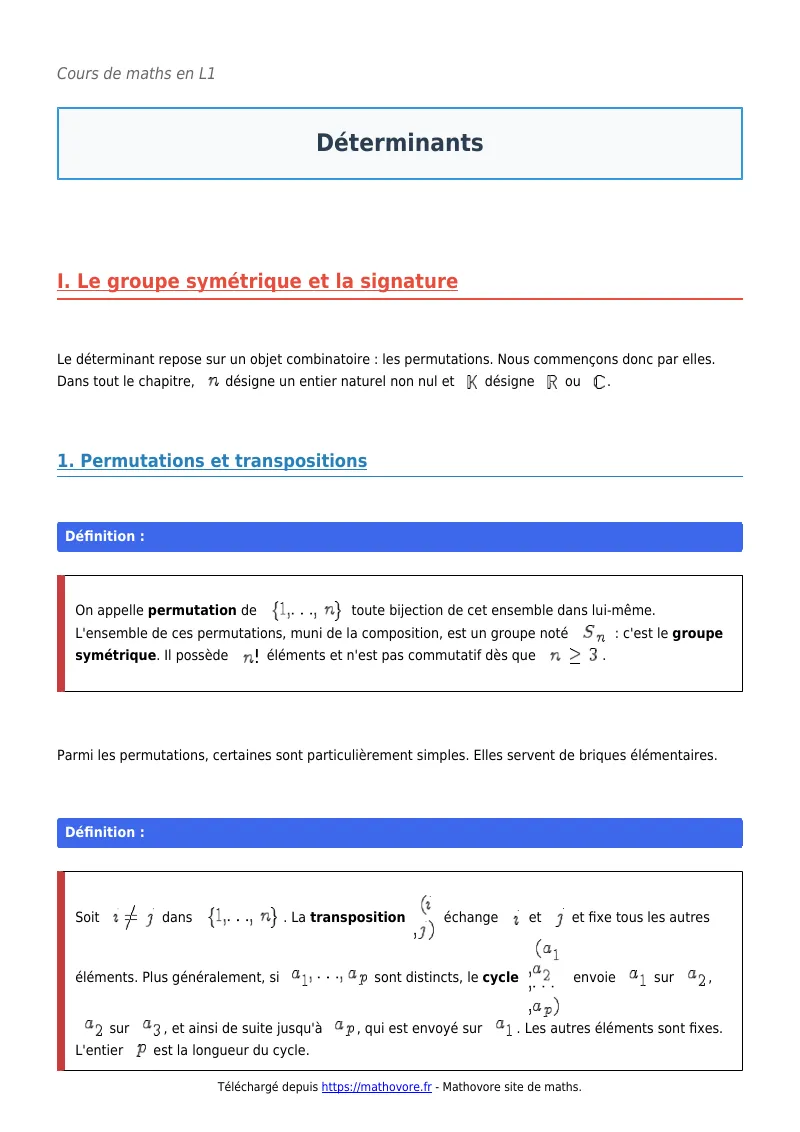 Cours de maths en L1 : Déterminants à télécharger en PDF