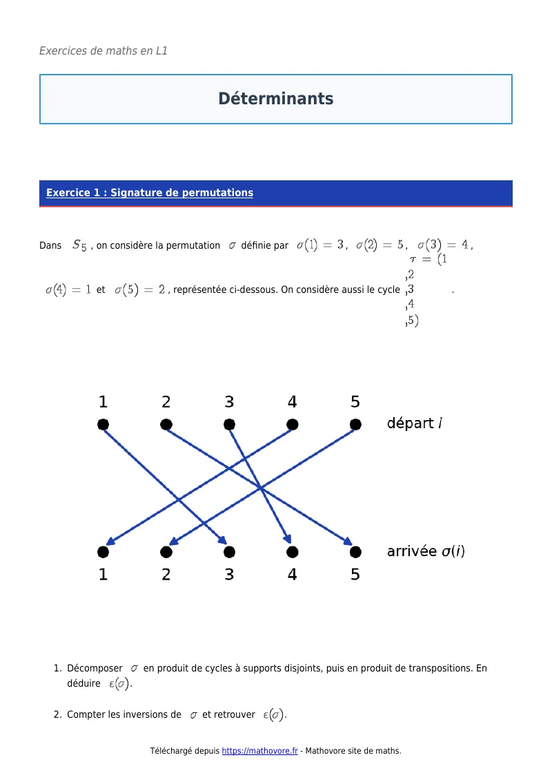 Exercices corrigés de maths en L1 : Déterminants à imprimer en PDF