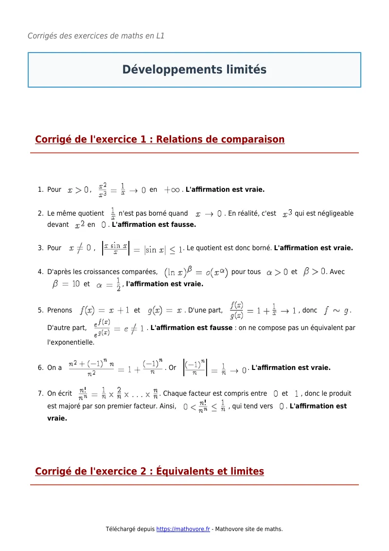 Exercices corrigés de maths en L1 : Développements limités à imprimer en PDF