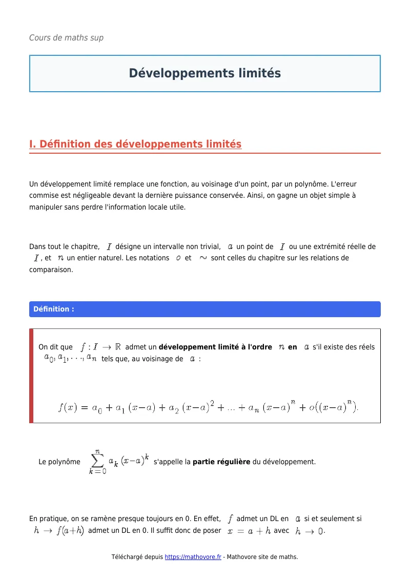Cours de maths en maths sup : Développements limités à télécharger en PDF