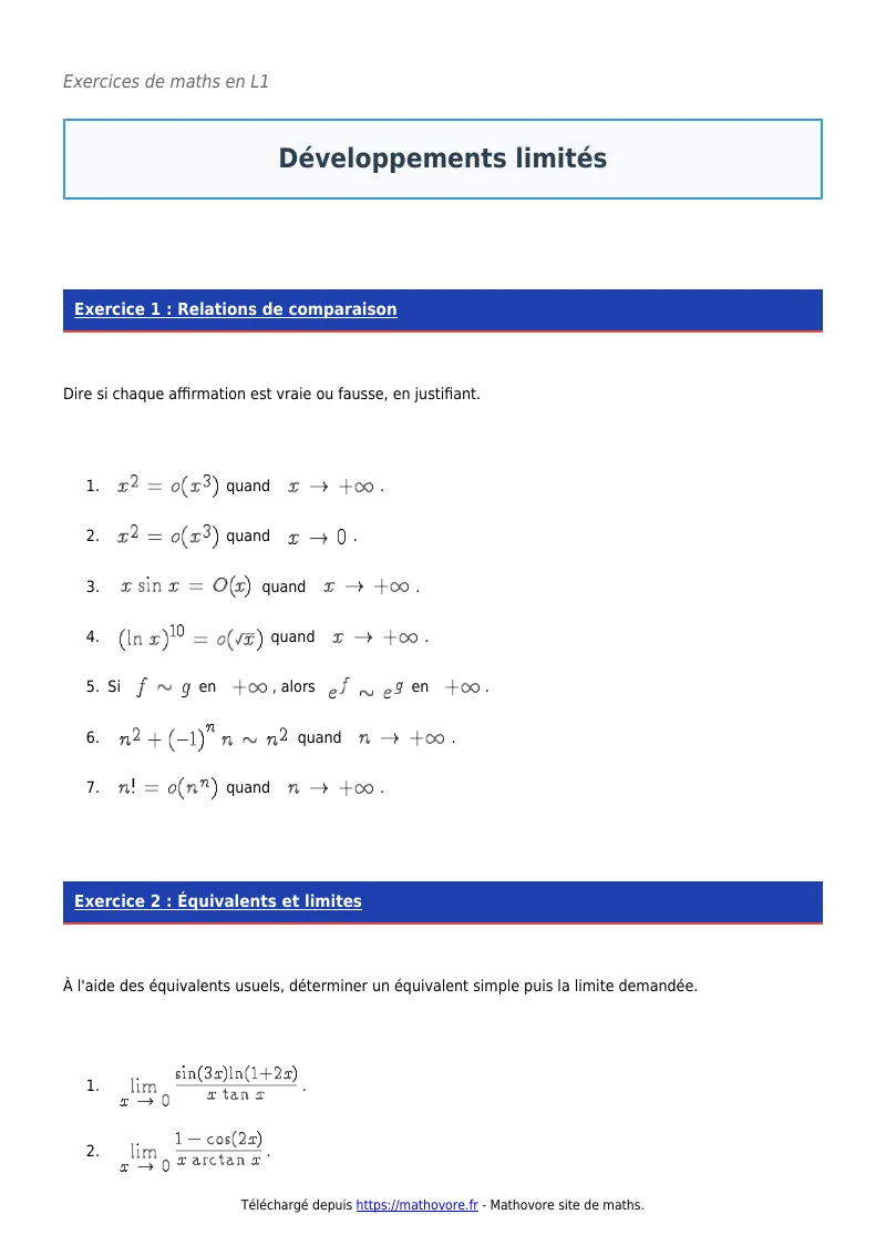 Exercices corrigés de maths en L1 : Développements limités à imprimer en PDF