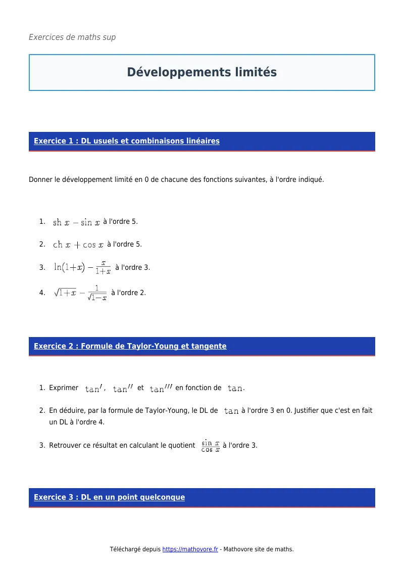 Exercices corrigés de maths en maths sup : Développements limités à imprimer en PDF