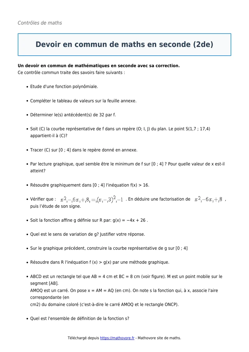 Contrôle de maths en seconde : Devoir en commun (2de) corrigé en PDF