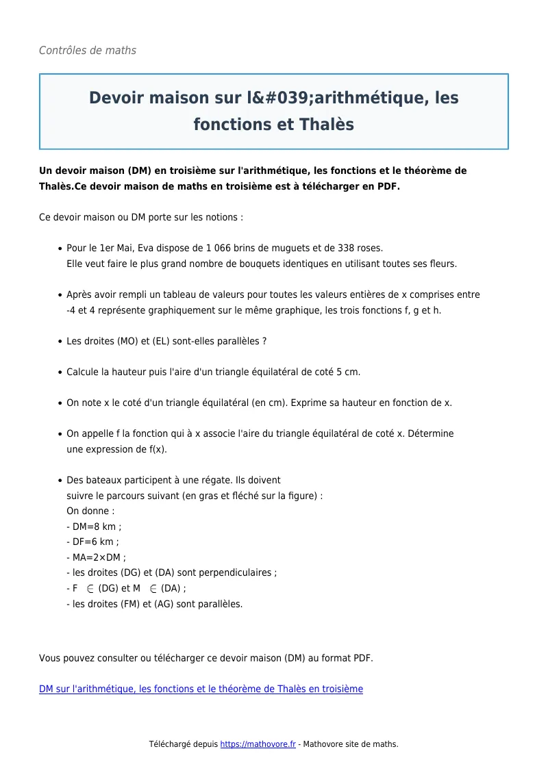 Contrôle de maths : Devoir maison sur l’arithmétique, les fonctions et Thalès corrigé en PDF