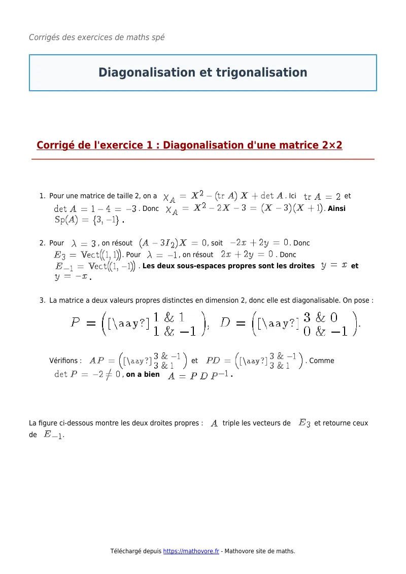 Exercices corrigés de maths en maths spé : Diagonalisation et trigonalisation à imprimer en PDF