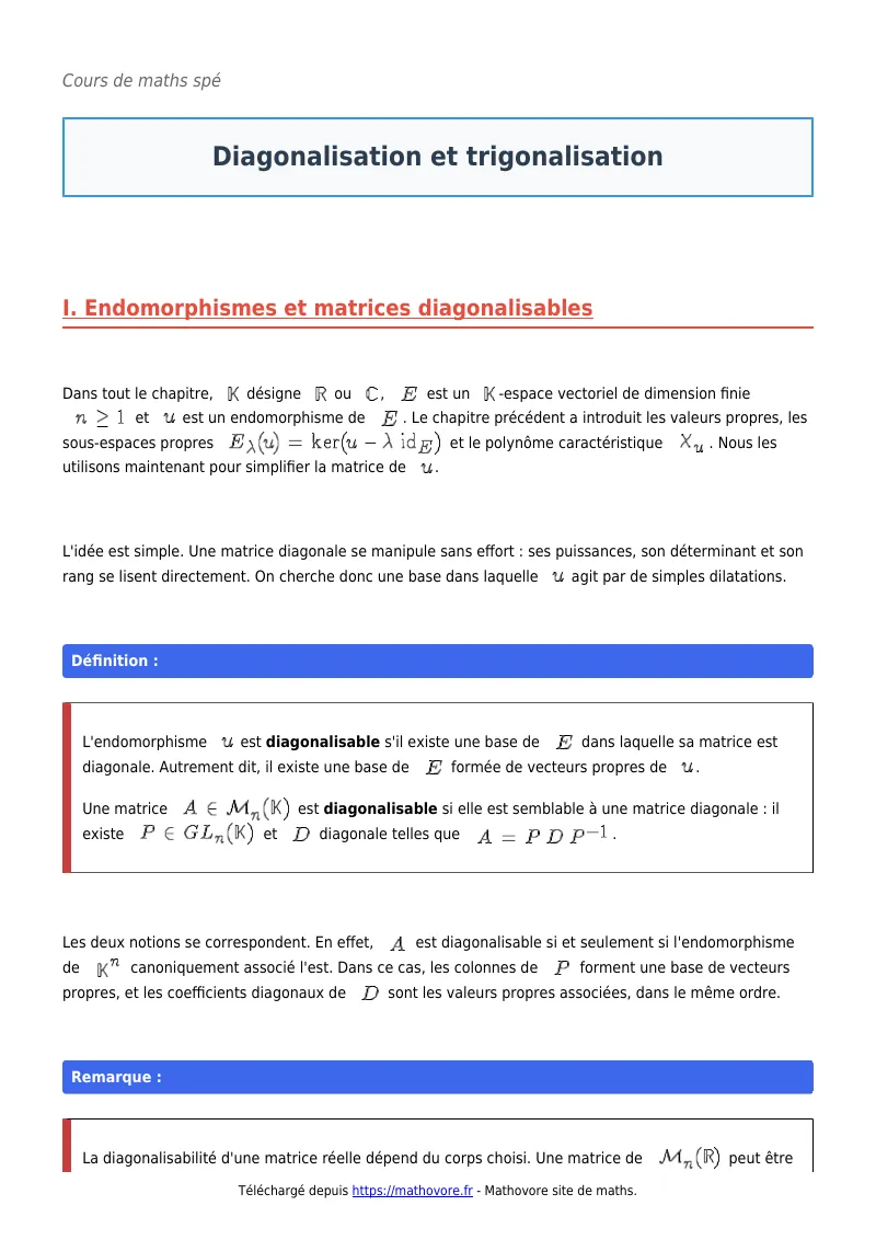 Cours de maths en maths spé : Diagonalisation et trigonalisation à télécharger en PDF