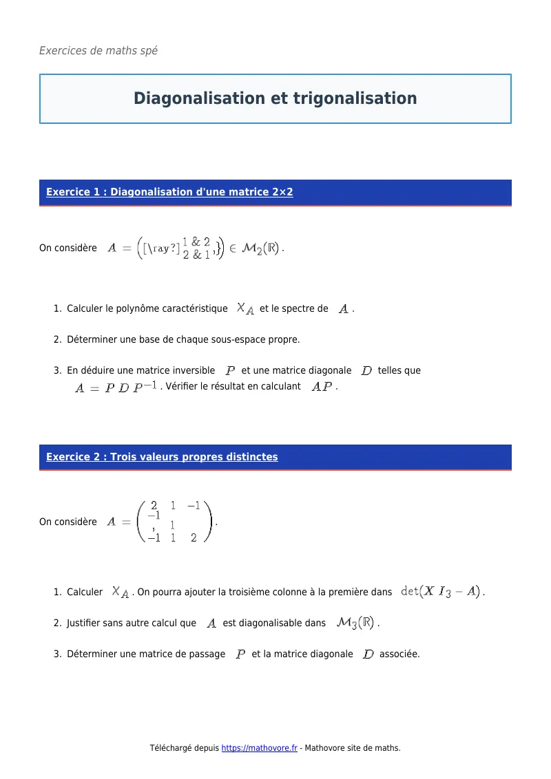 Exercices corrigés de maths en maths spé : Diagonalisation et trigonalisation à imprimer en PDF