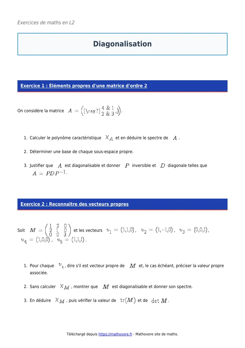 Exercices corrigés de maths en L2 : Diagonalisation à imprimer en PDF