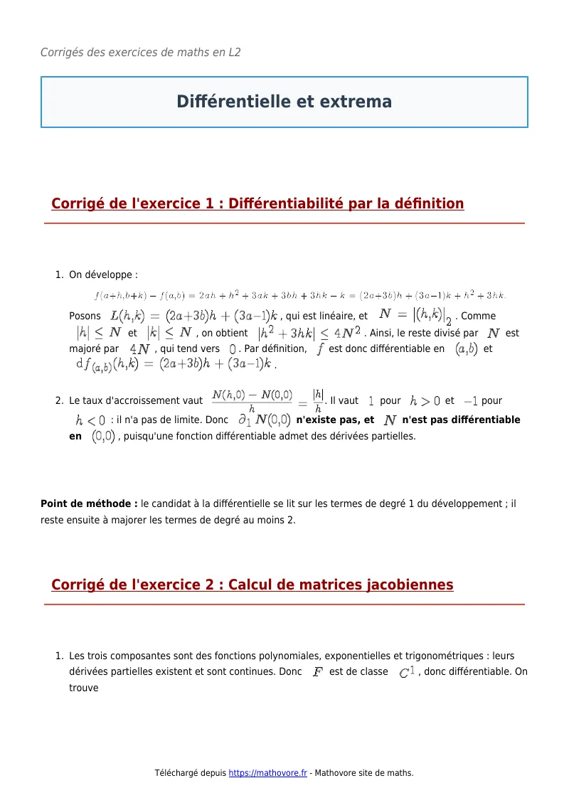 Exercices corrigés de maths en L2 : Différentielle et extrema à imprimer en PDF