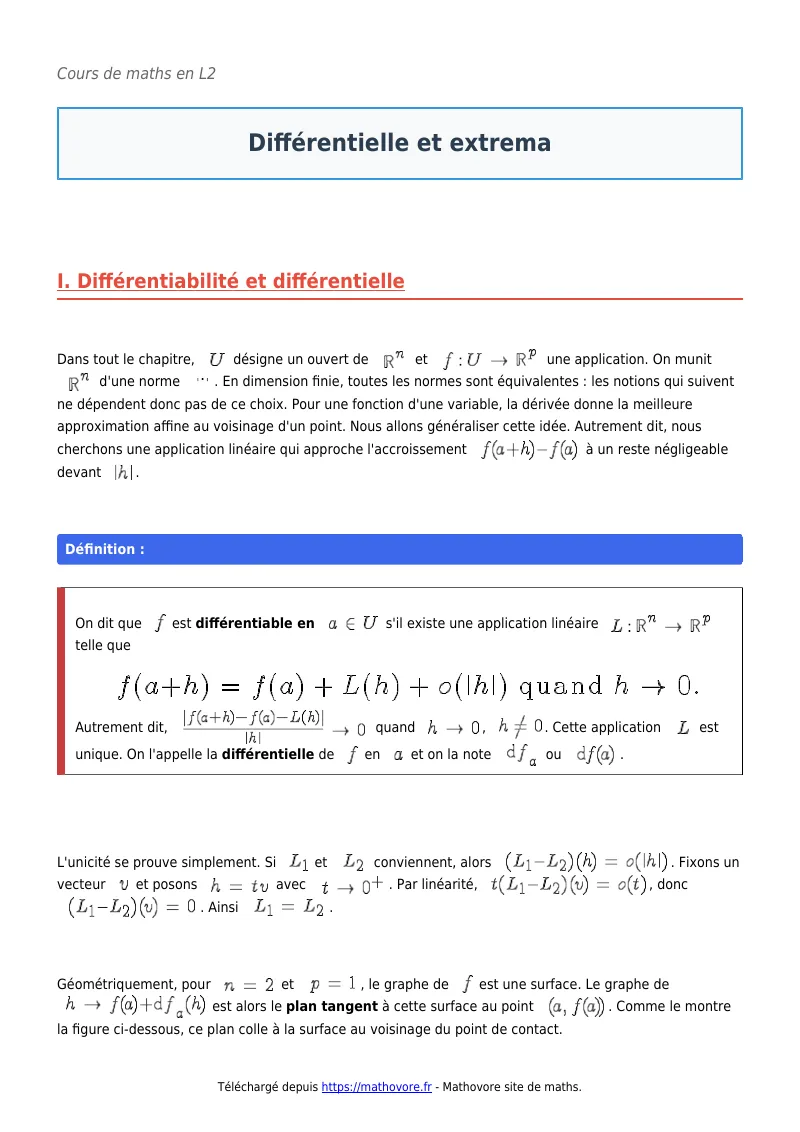 Cours de maths en L2 : Différentielle et extrema à télécharger en PDF