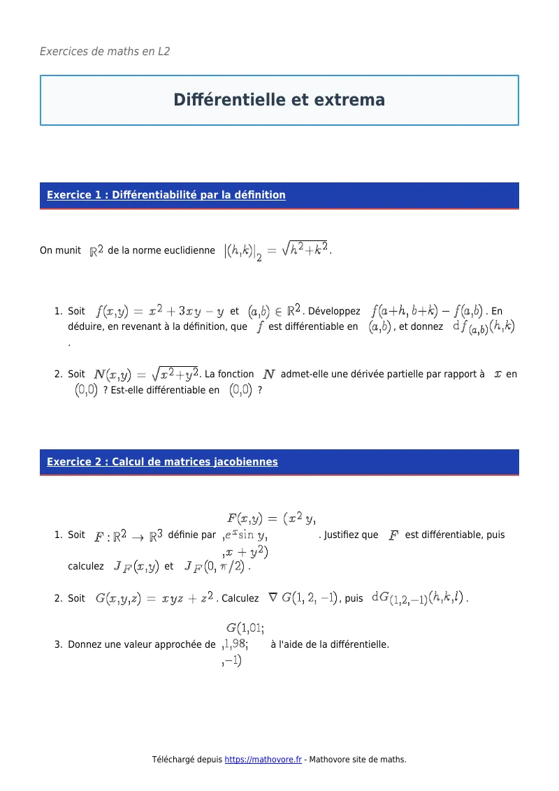 Exercices corrigés de maths en L2 : Différentielle et extrema à imprimer en PDF