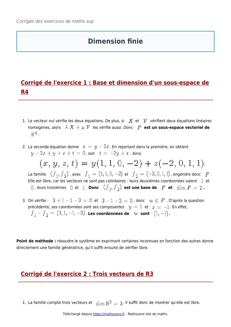Exercices corrigés de maths en maths sup : Dimension finie à imprimer en PDF