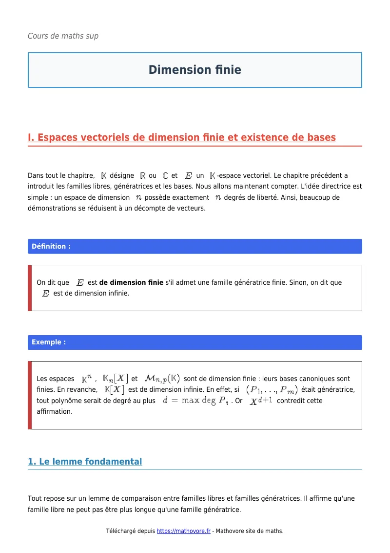 Cours de maths en maths sup : Dimension finie à télécharger en PDF