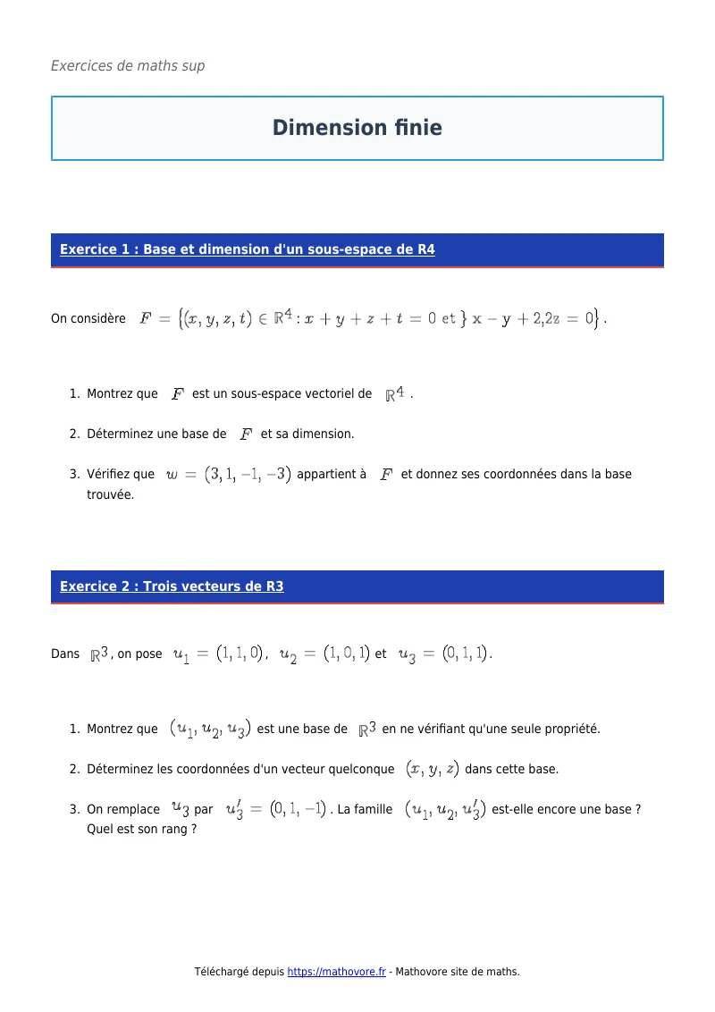 Exercices corrigés de maths en maths sup : Dimension finie à imprimer en PDF