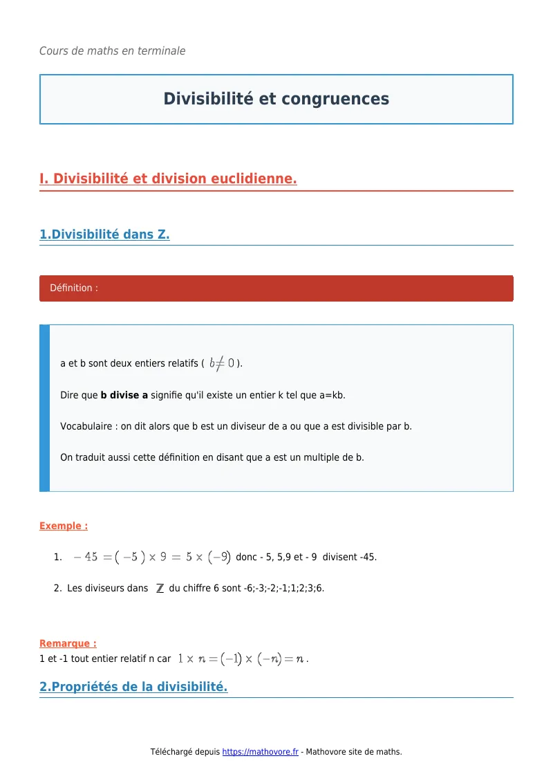 Cours de maths en terminale : Divisibilité et congruences à télécharger en PDF