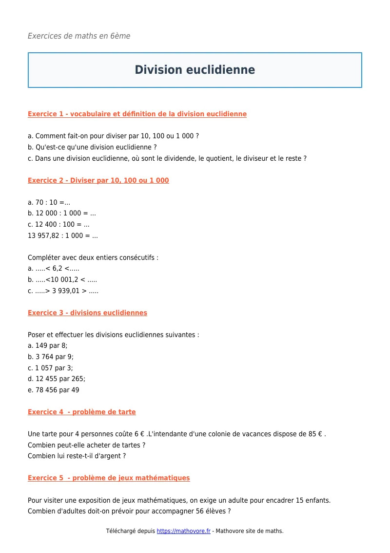 Exercices corrigés de maths en 6ème : Division euclidienne à imprimer en PDF