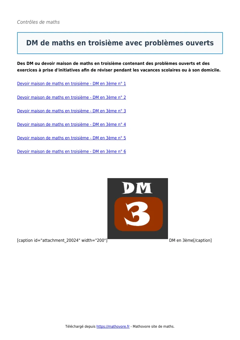 Contrôle de maths en 3ème : DM en troisième avec problèmes ouverts corrigé en PDF