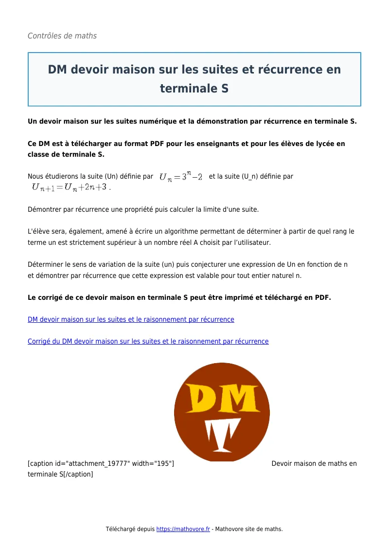 Contrôle de maths en terminale : DM devoir maison sur les suites et récurrence S corrigé en PDF