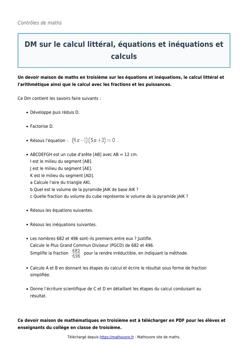 Contrôle de maths : DM sur le calcul littéral, équations et inéquations et calculs corrigé en PDF