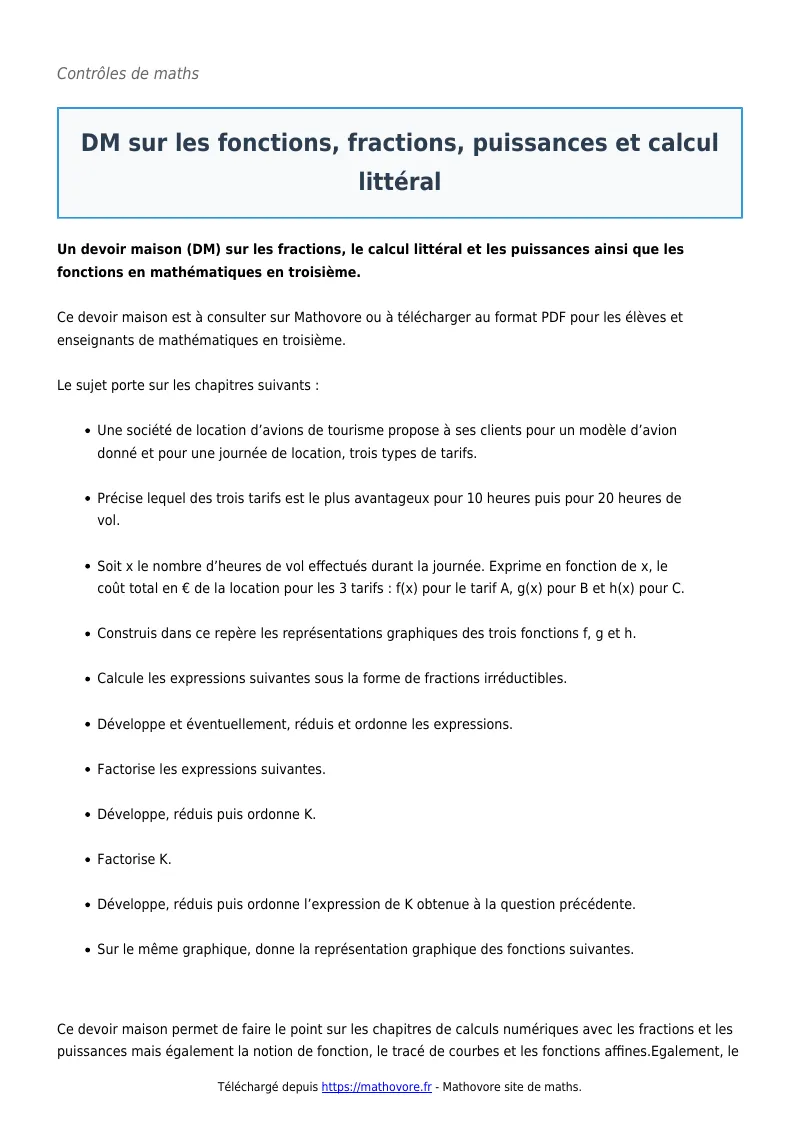 Contrôle de maths : DM sur les fonctions, fractions, puissances et calcul littéral corrigé en PDF
