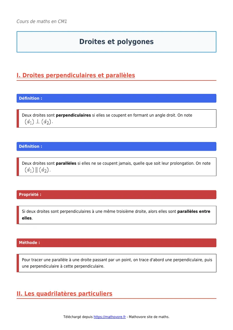 Cours de maths en CM1 : Droites et polygones à télécharger en PDF