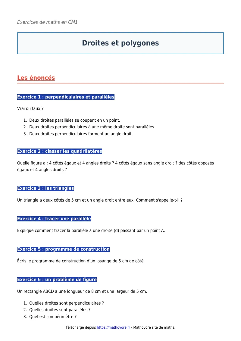 Exercices corrigés de maths en CM1 : Droites et polygones à imprimer en PDF